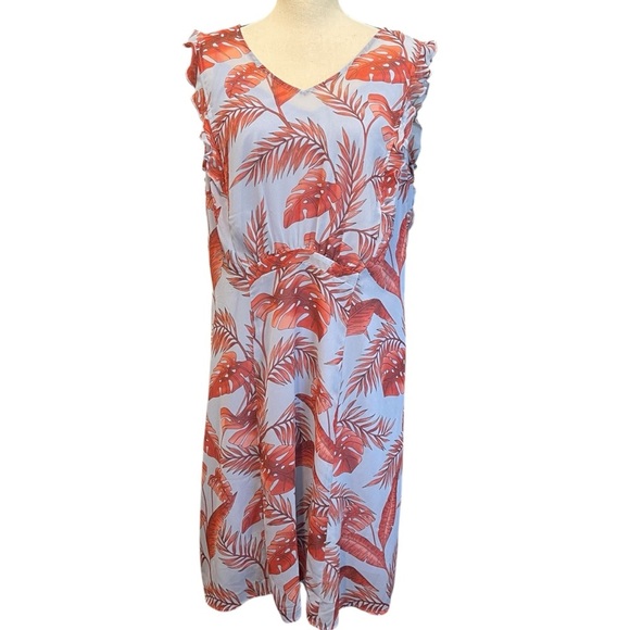 CAbi Style #5381 Isabel Blue Coral Palm Leaf Print Ruffle Sleeve Summer Dress L - Picture 2 of 14